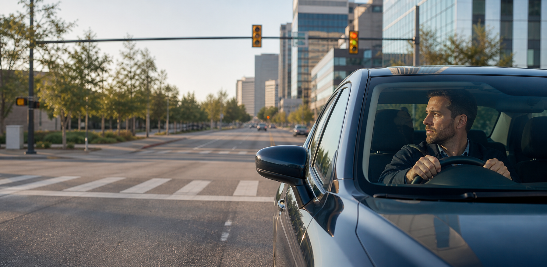 A commuter paused safely at a city intersection.