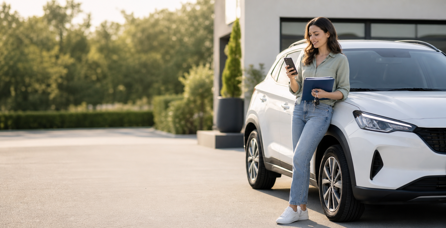 A driver comparing insurance options beside a new car.